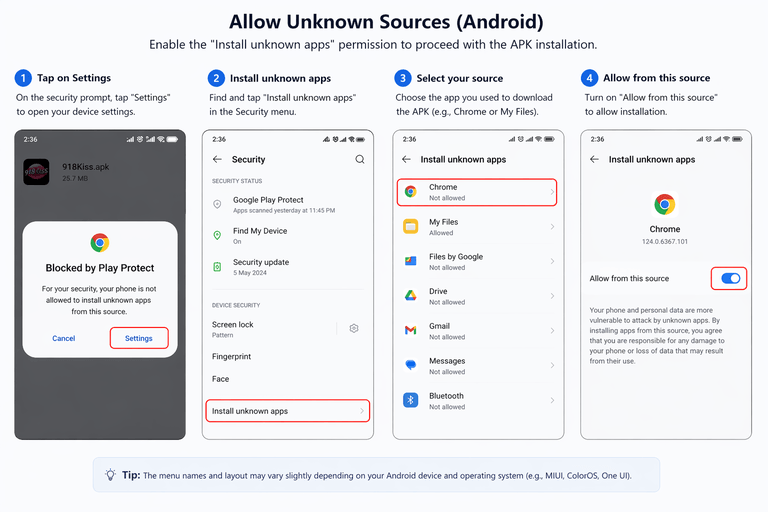 Android settings screen showing the Install Unknown Apps toggle enabled